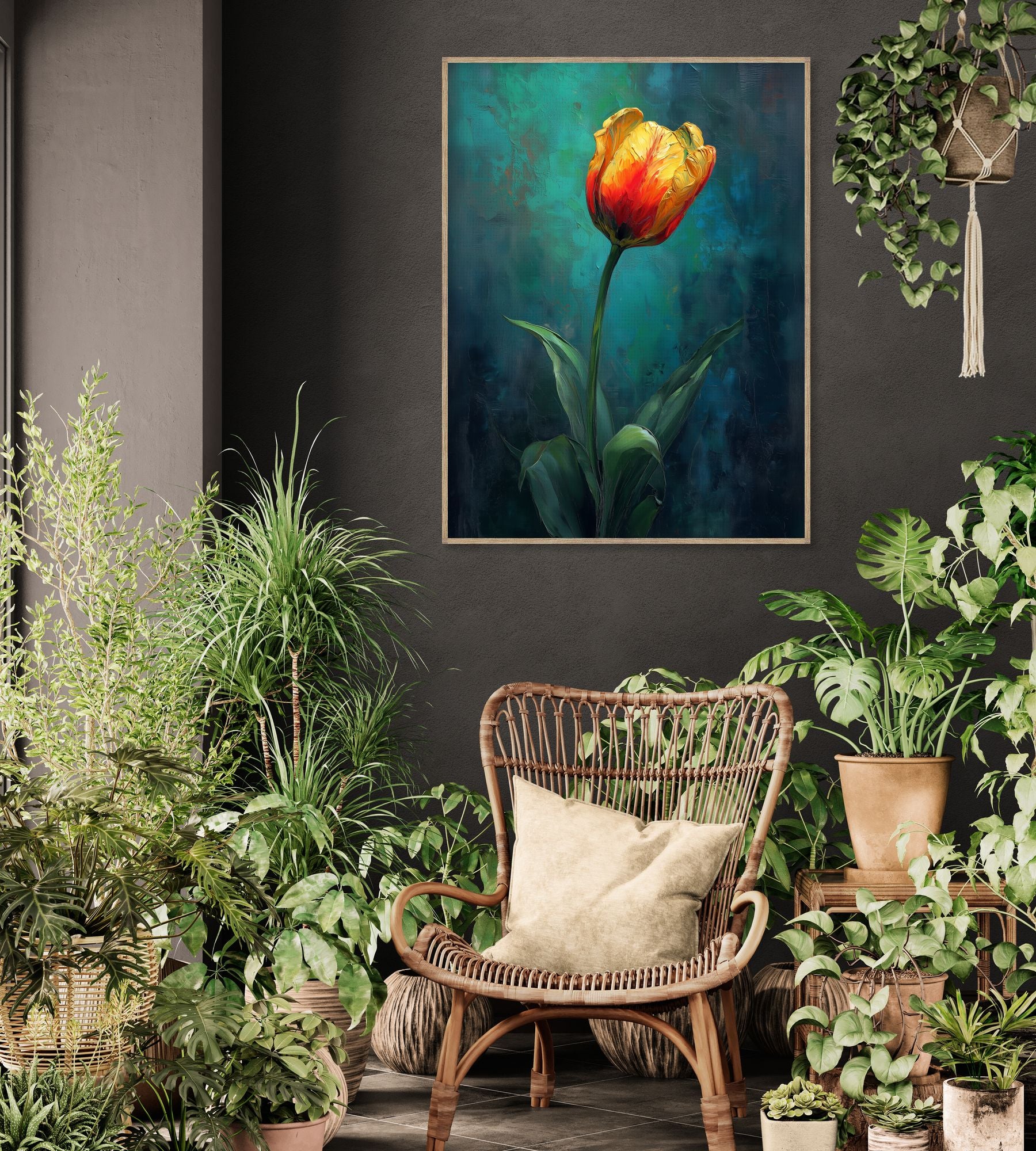 Tableau mural tulipe sur fond bleu-vert