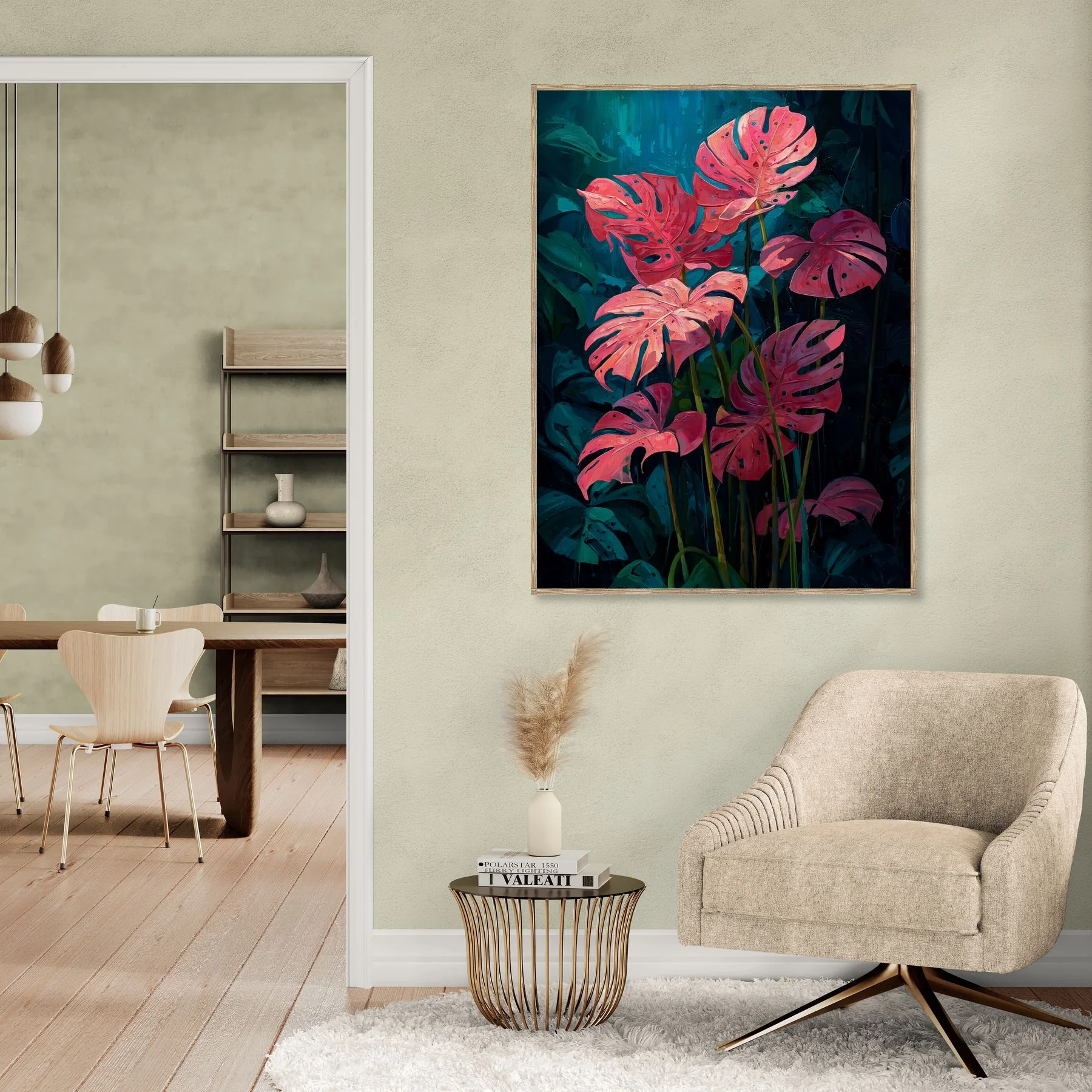 Tableau déco tropical avec feuillages de monstera vibrants