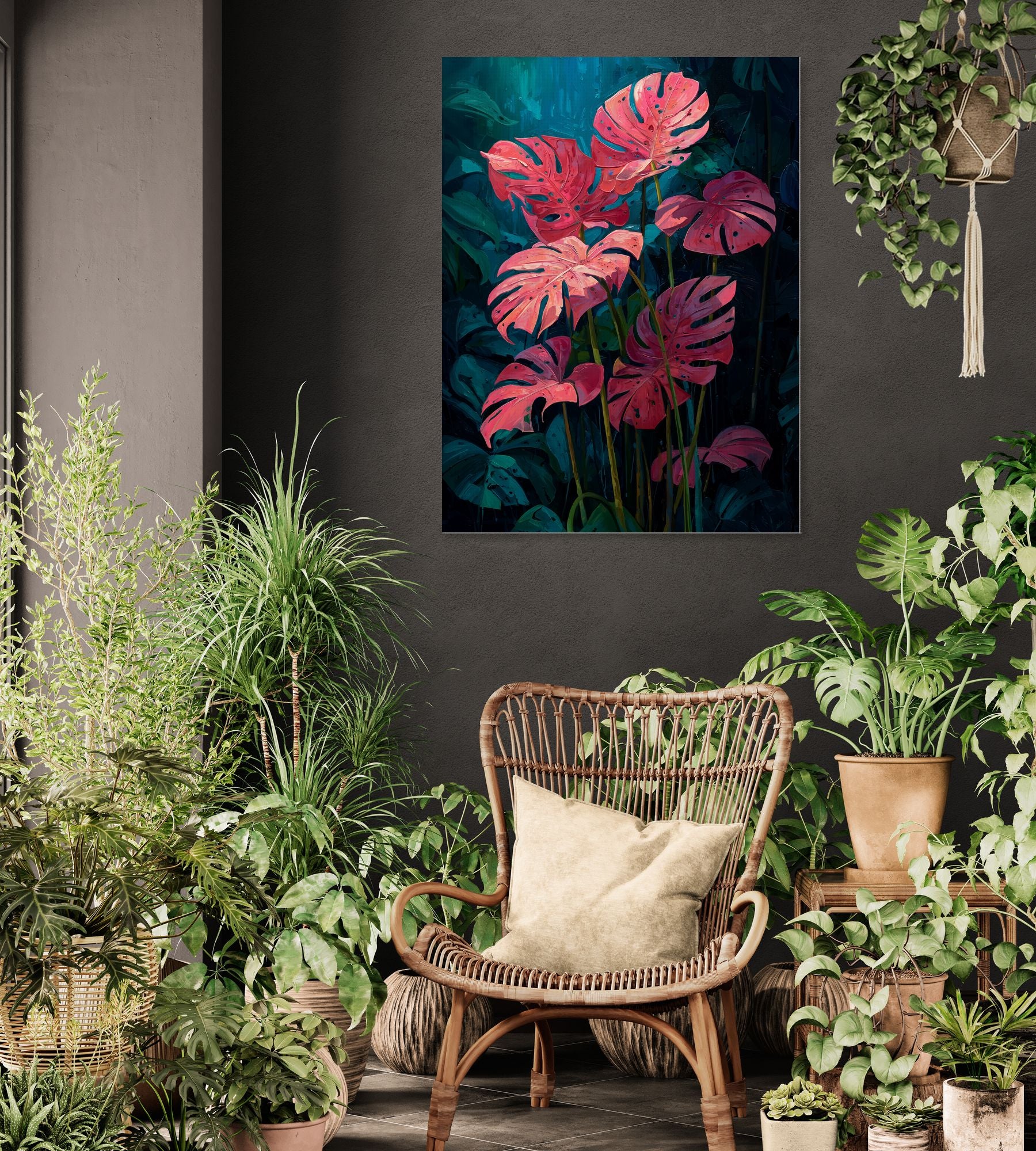Tableau déco tropical avec feuillages de monstera vibrants