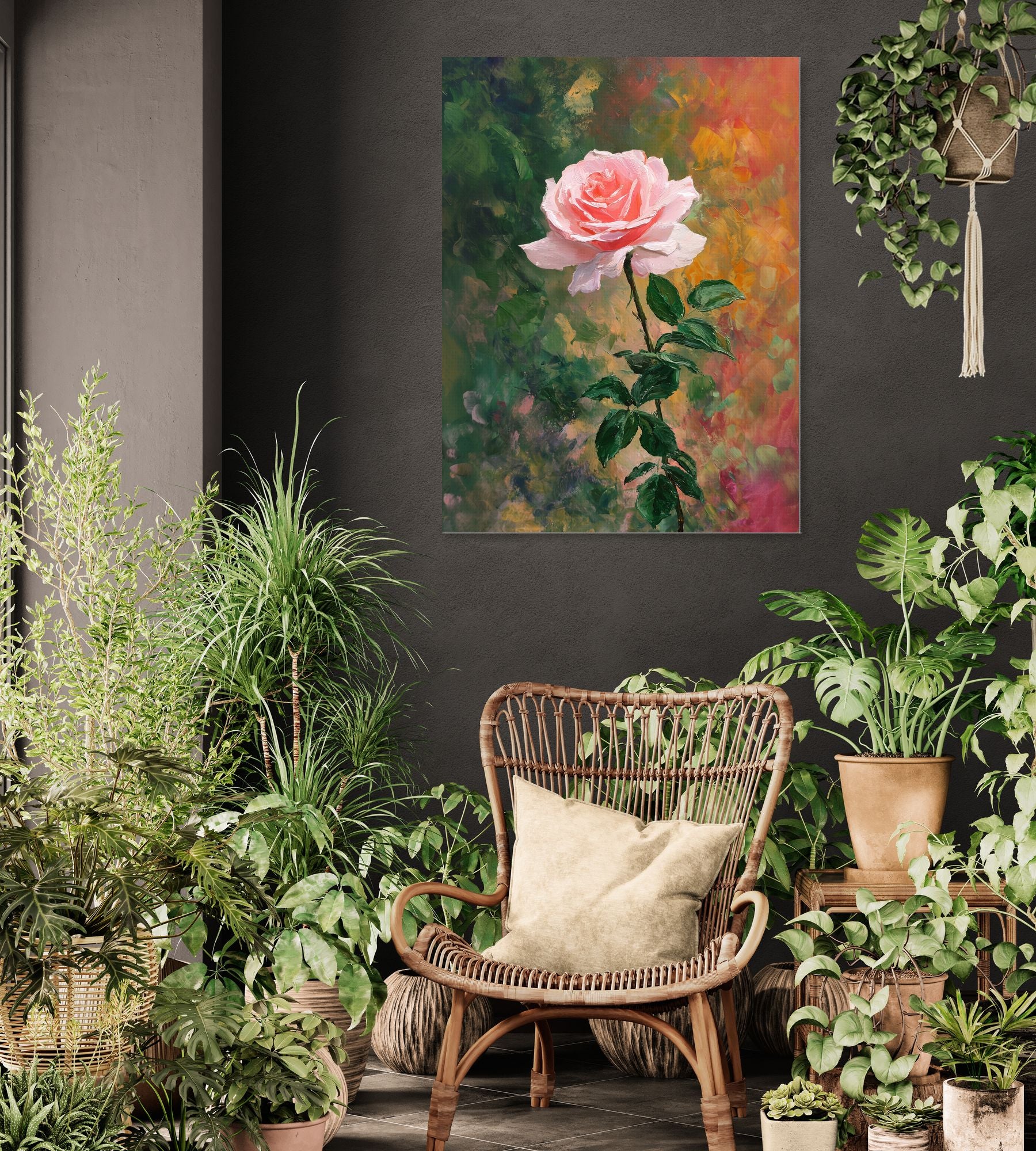Tableau mural rose rose à l’huile