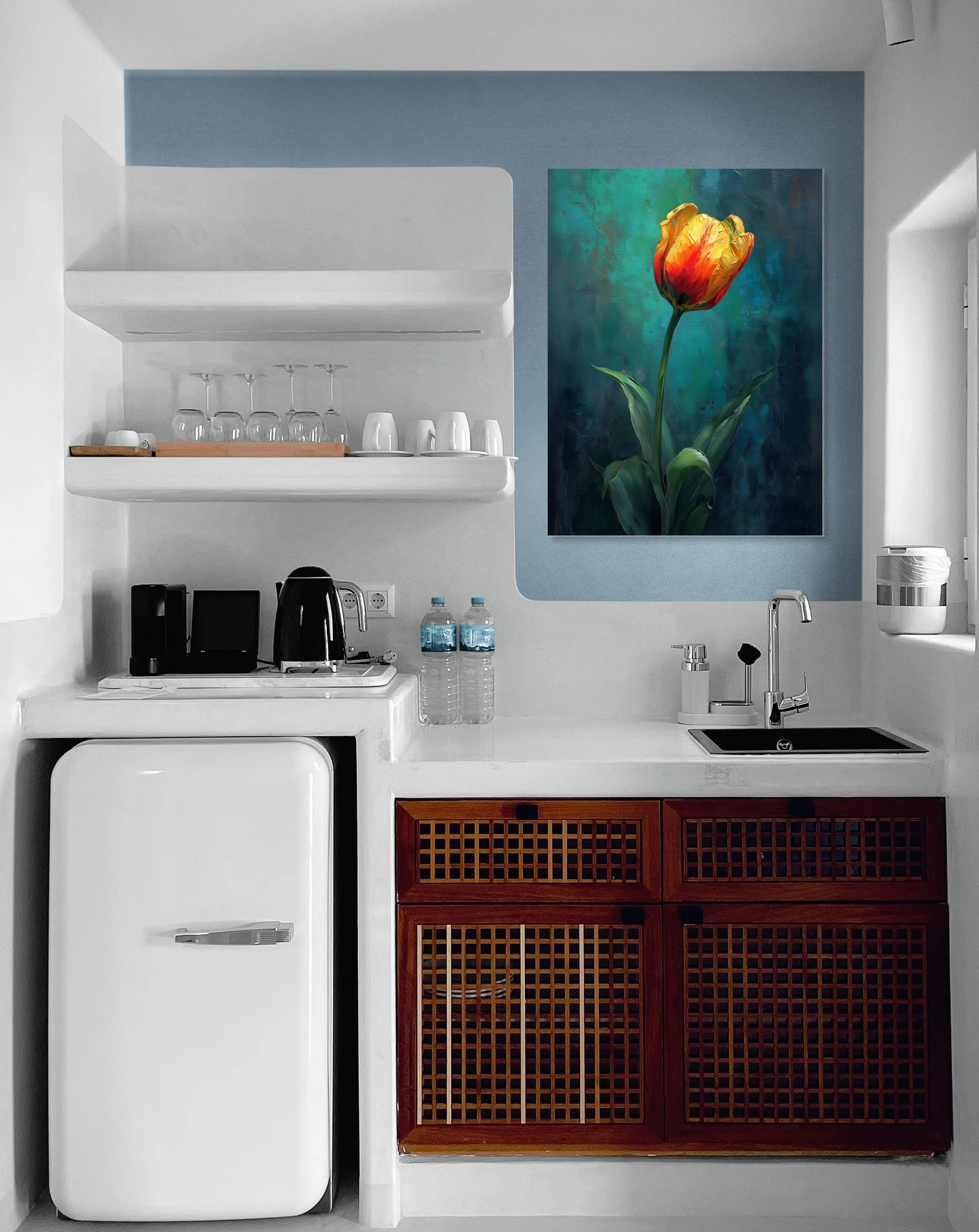 Tableau mural tulipe sur fond bleu-vert