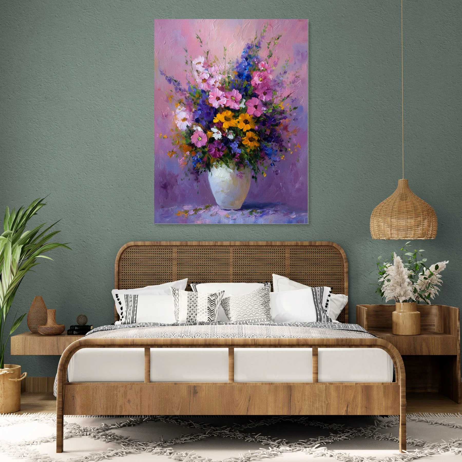 Tableau déco impressionniste avec vase aux fleurs colorées