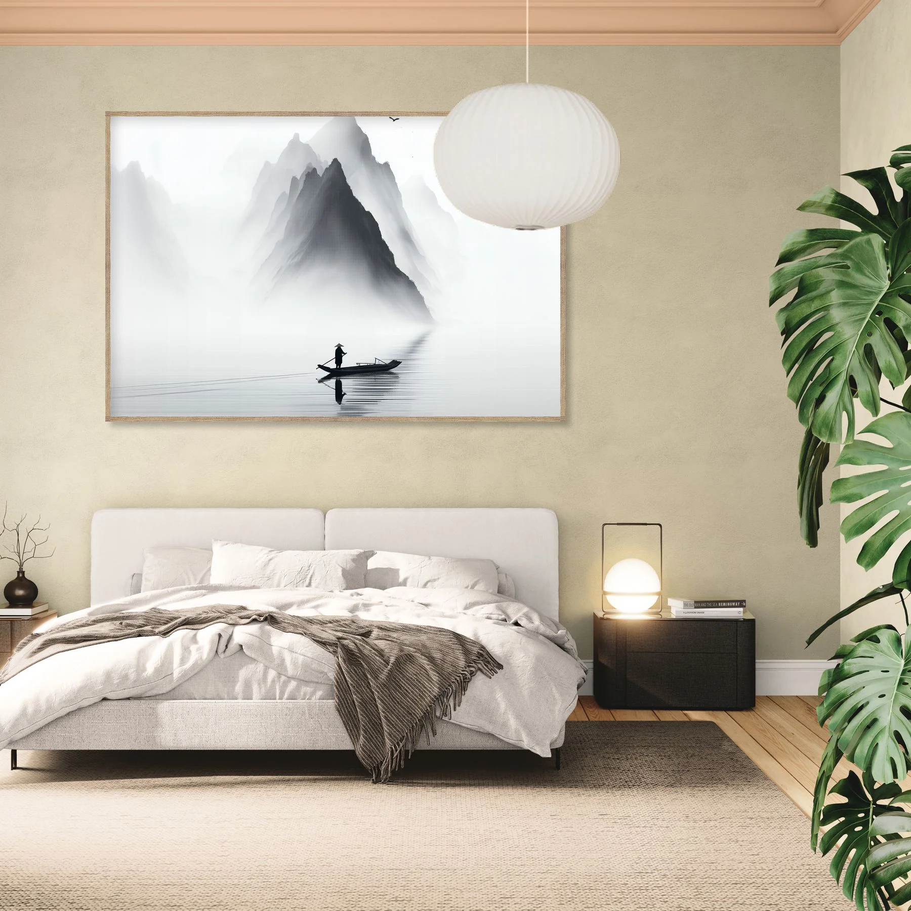 Pêcheur solitaire sur lac brumeux