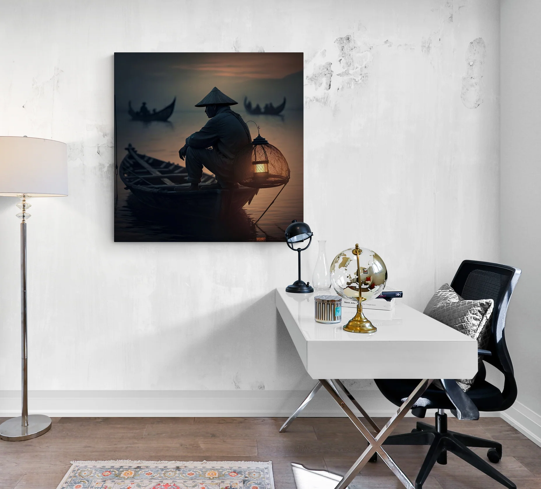 Cadre design pêcheur vietnamien au crépuscule