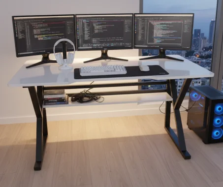 مكتب عملي وأنيق، مدمج مع رف مخصصة للكتب، الدفاتر، الإكسسوارات وأدوات العمل، مثالي للدراسة، العمل من المنزل أو تنظيم مساحة المكتب.