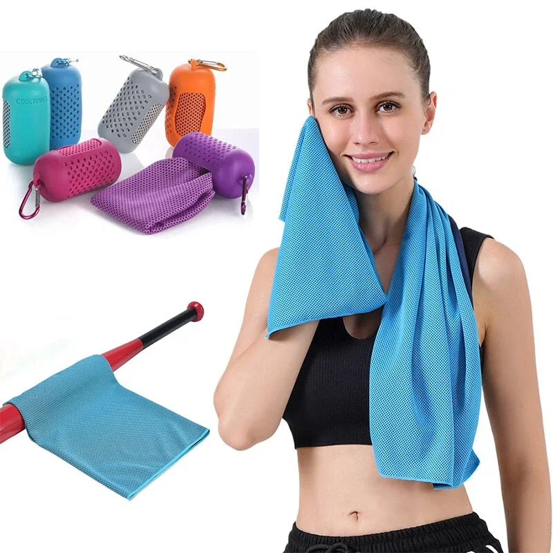 KALOAD 1pcs Portable Quick Drying Summer Cooling Towel with Round Silicone Box Soft Breathable Scarves for Sports Gym Running Yoga Fitness - Sky Blue