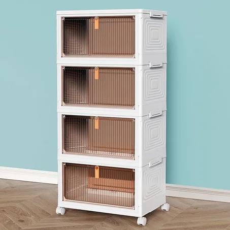 Stackable Storage Cabinet with Clear Front Doors and Rolling Wheels