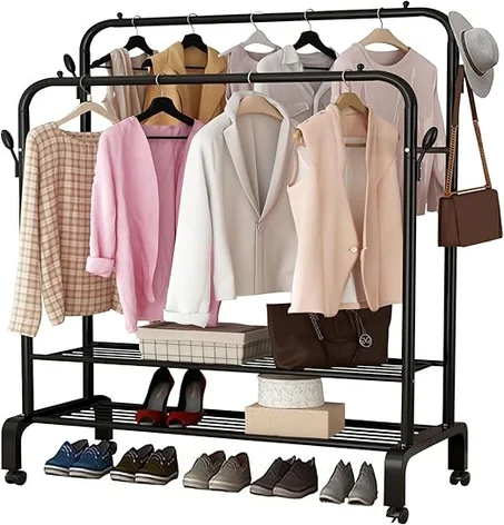 Garment Clothing Rack Double Rail Clothes Stand with 2 Bottom Storage Shelf and Wheels, Portable Freestanding Hanger Rolling Clothes Organizer Space Saving for Shoes Hats Clothes Handbags Bla