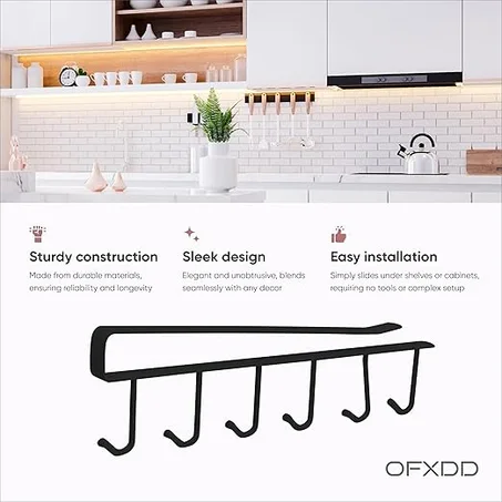 Hook Under Cabinet Hanger Rack - Hooks Under Shelf Mug Hanger/Holder - Tea, Сoffee Cup Hooks Under Cabinet - Hanger Rack for Kitchen, 3 Pcs