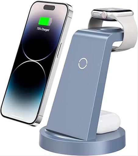 Base de carga 3 en 1 para iPhone Cargador inalámbrico para iPhone 14 13 12 11 X Pro Max y Apple Watch - Soporte para AirPods (azul)