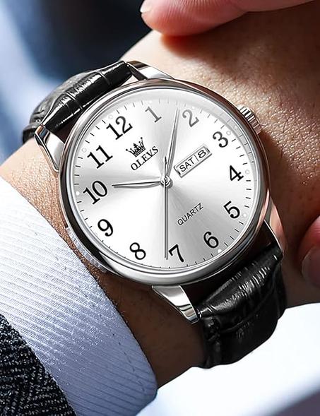 اوليفز ساعات للرجال، ساعات جلد كاجوال للرجال سهلة القراءة ساعة كوارتز بأرقام مع تاريخ مقاومة للماء بلون ازرق/اسود/فضي
