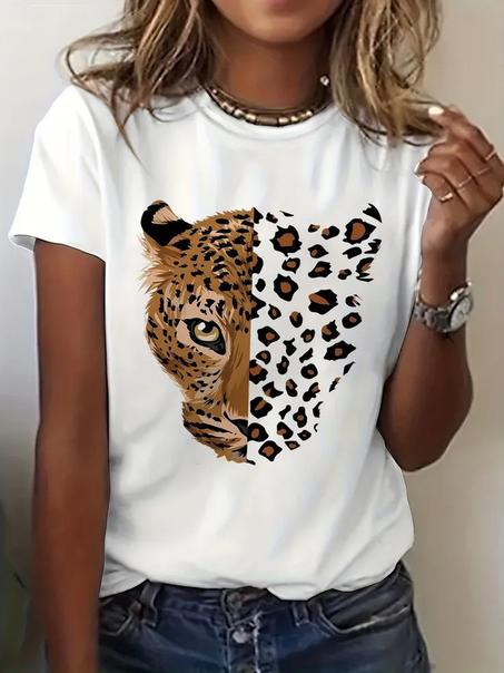 T-shirt Femme Vintage à Imprimé Léopard et Tigre