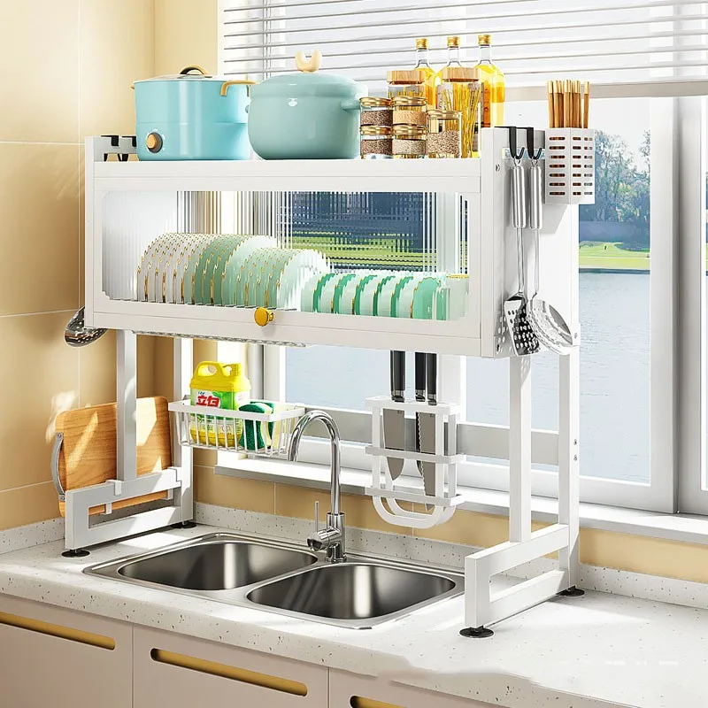 Stainless Steel Dish Rack - Over-the-sink Dish Organizer with Dustproof Cabinet Door Holder 85cm