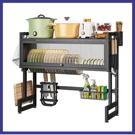 Stainless Steel Dish Rack - Over-the-sink Dish Organizer with Dustproof Cabinet Door Holder 85cm