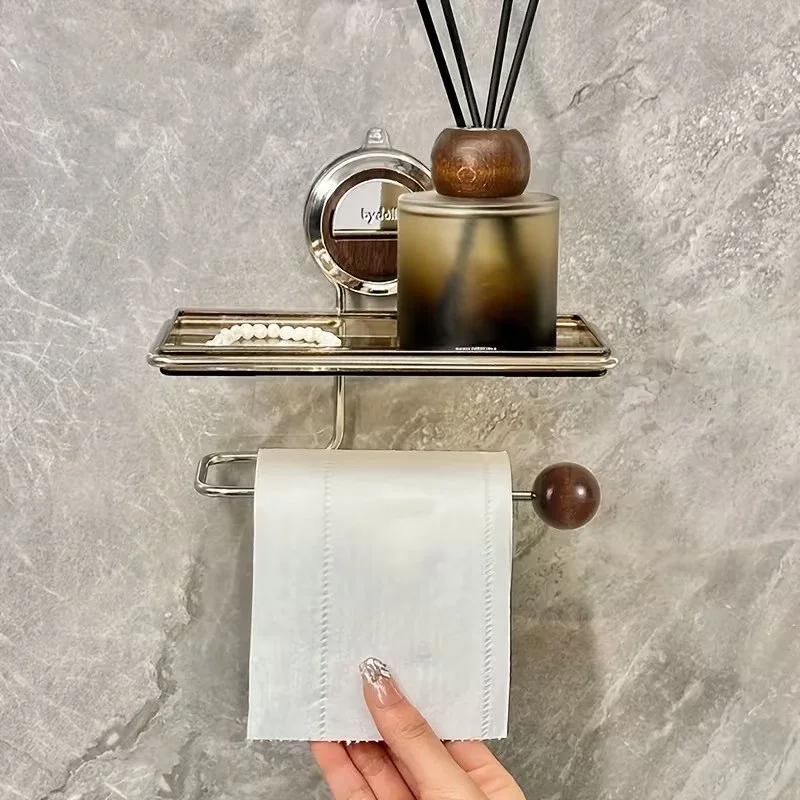 حامل ورق المرحاض مع رف علوي لاصق – تصميم عصري بدون حفر