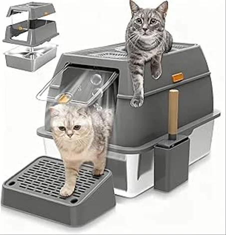 صندوق فضلات كبير جدًا من فولاذ مقاوم للصدأ مع جوانب عالية، تصميم مغلق واسع وأنيق للقطط الكبيرة والمنازل ذات القطط المتعددة والأرانب، خالي من الرائحة وسهل التنظيف، وعاء فضلات القطط بجدار عالي