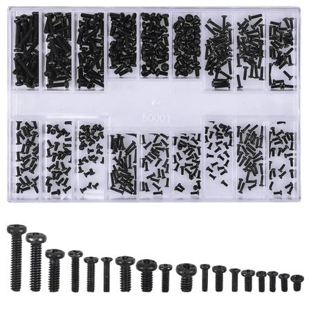 Cristarina - Juego de 500 tornillos universales negros M1.2 M1.4 M2 para reparación electrónica con caja de plástico para portátiles, gafas de sol, relojes y joyas
