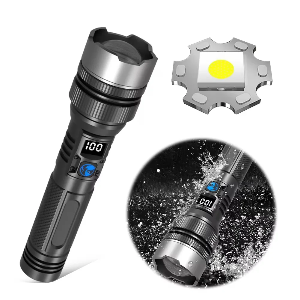 Lampes de poche LED haute puissance 2000LM, torche tactique avec affichage lumineux, recharge USB, camping, pêche, lanterne d'urgence