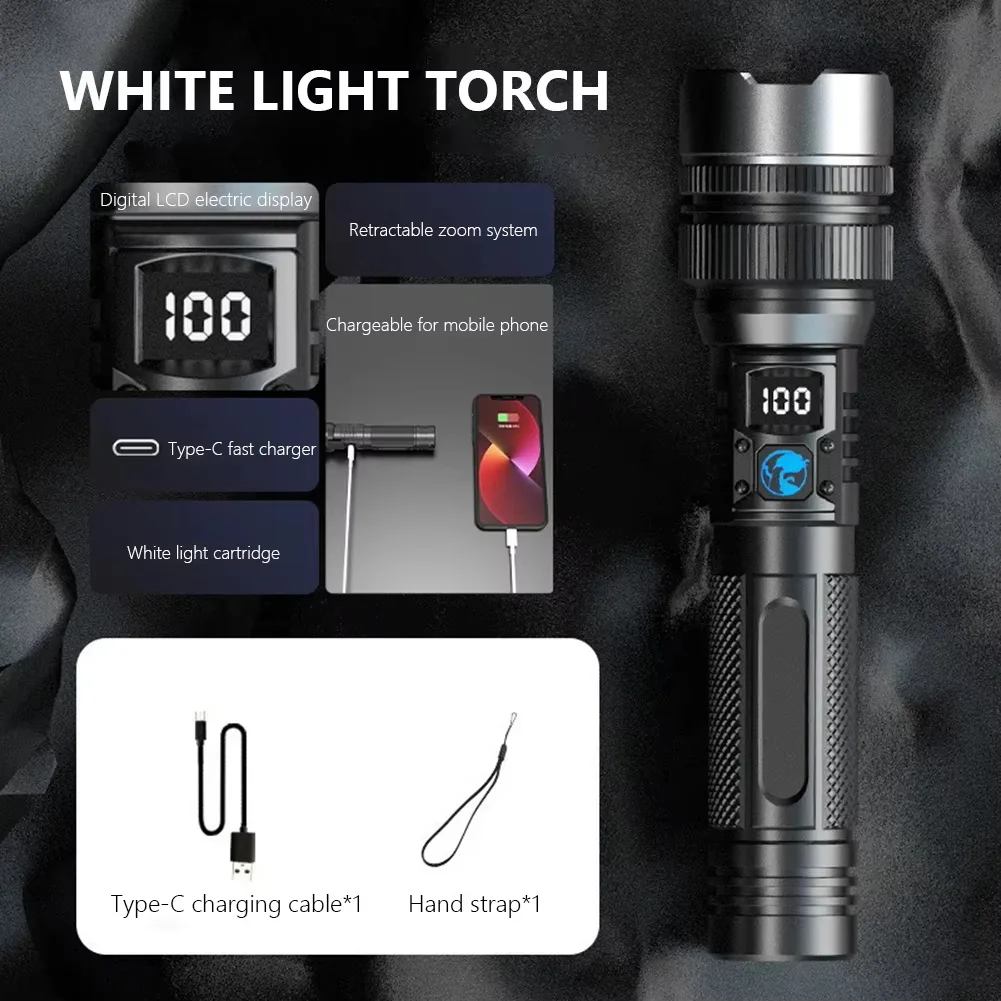 Lampes de poche LED haute puissance 2000LM, torche tactique avec affichage lumineux, recharge USB, camping, pêche, lanterne d'urgence