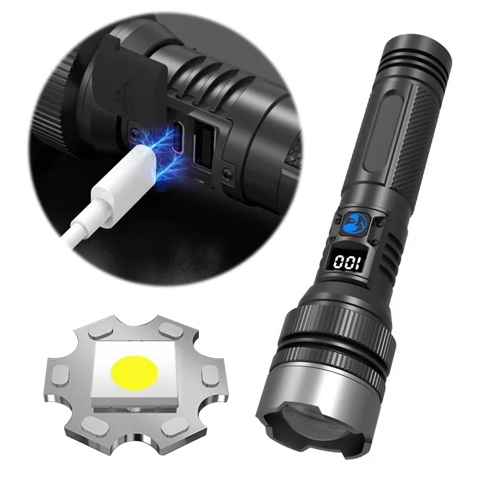 Lampes de poche LED haute puissance 2000LM, torche tactique avec affichage lumineux, recharge USB, camping, pêche, lanterne d'urgence