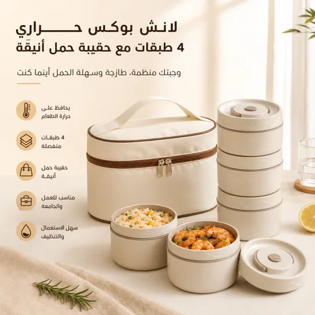 لانش بوكس حراري 4 طبقات مع حقيبة أنيقة