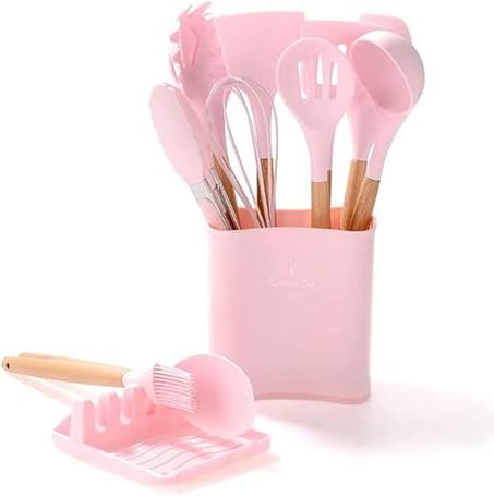 Juego de 12 utensilios de cocina de silicona sin BPA, accesorios para cocinar y hornear, y recipiente para almacenar alimentos, color rosa