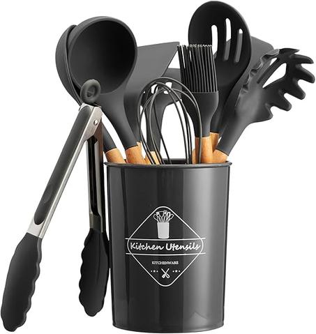 Juego de utensilios de cocina de silicona Paranta de 12 piezas, espátula resistente al calor, cucharas de madera y utensilios de cocina antiadherentes en varios colores