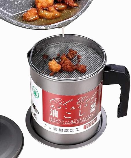 Colador de aceite de cocina con filtro, dispensador de aceite de acero inoxidable de 1,4 l, recipiente de almacenamiento con colador de malla fina, ideal para aceite de freír y grasa de cocin