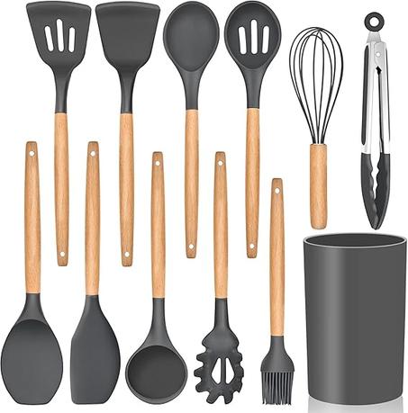 Juego de utensilios de cocina E-FAR de 12 piezas, de silicona con soporte, antiadherente y resistente al calor. Incluye espátula plana, pinzas, batidor, cucharón, cepillo y espátula ranurada 