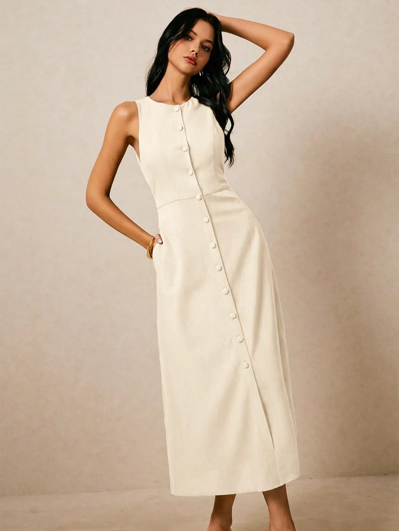 Robe d’Été Sans Manches Boutonnée – Élégante & Ultra Confortable