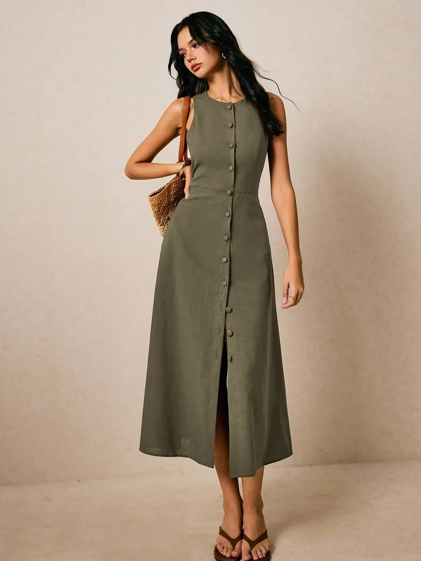 Robe d’Été Sans Manches Boutonnée – Élégante & Ultra Confortable