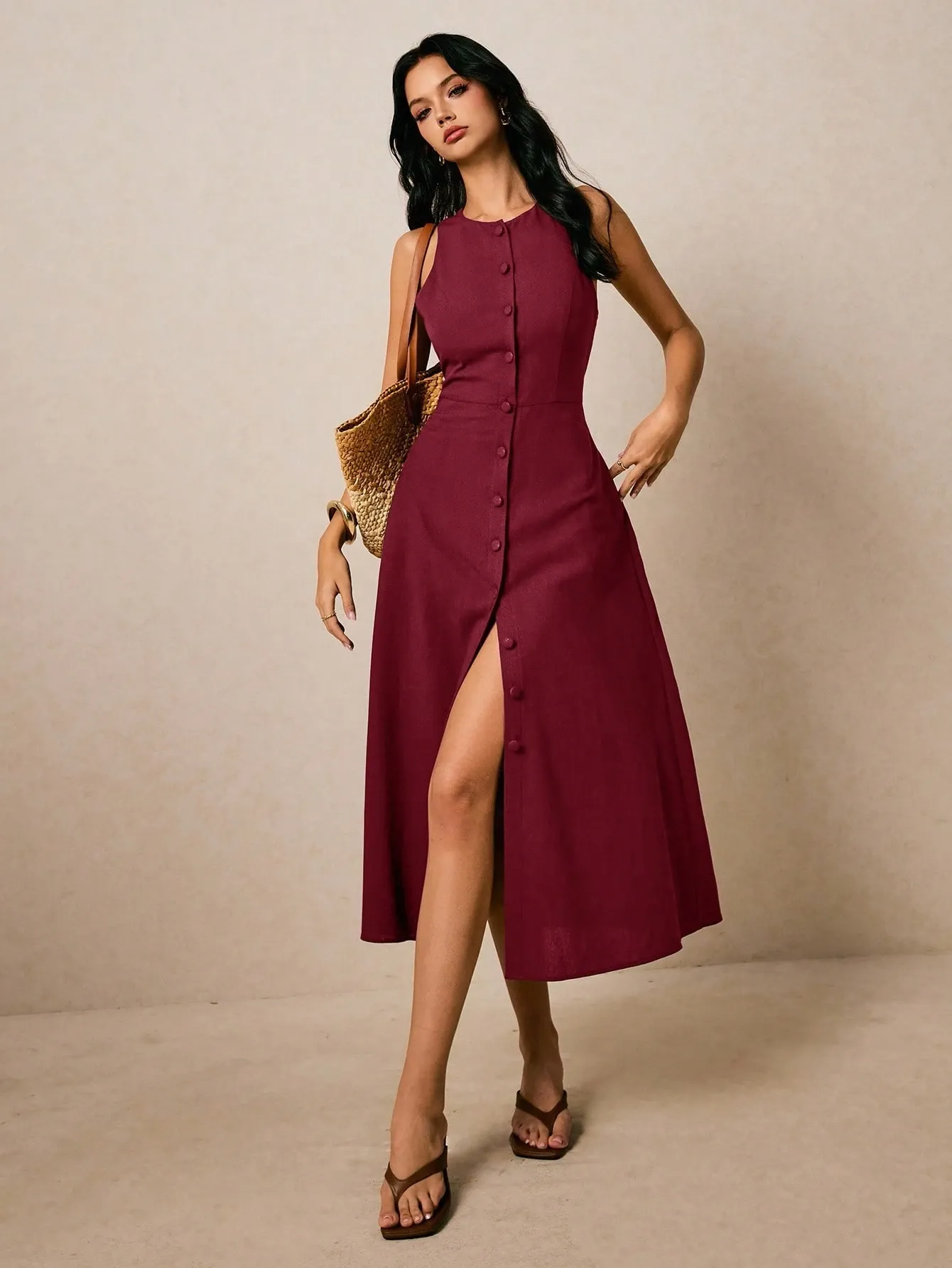 Robe d’Été Sans Manches Boutonnée – Élégante & Ultra Confortable