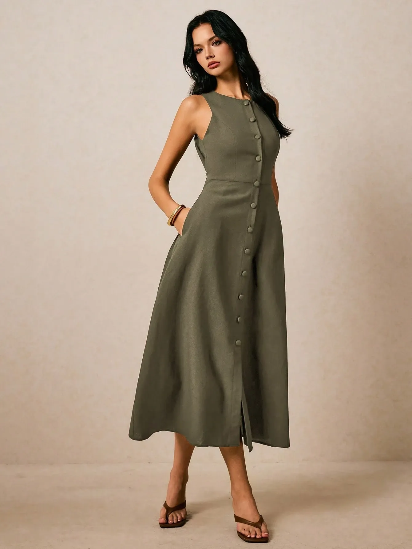 Robe d’Été Sans Manches Boutonnée – Élégante & Ultra Confortable