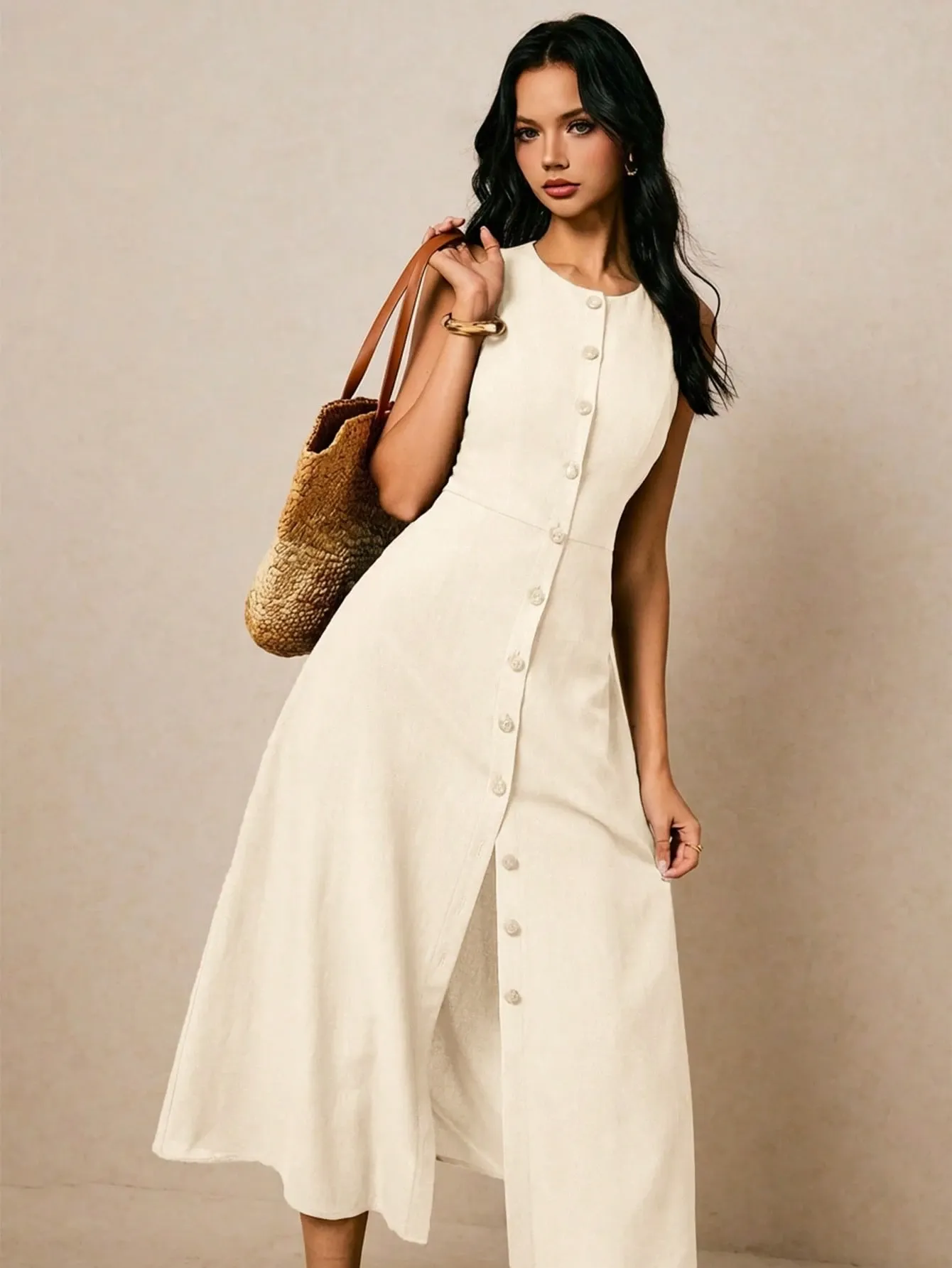 Robe d’Été Sans Manches Boutonnée – Élégante & Ultra Confortable