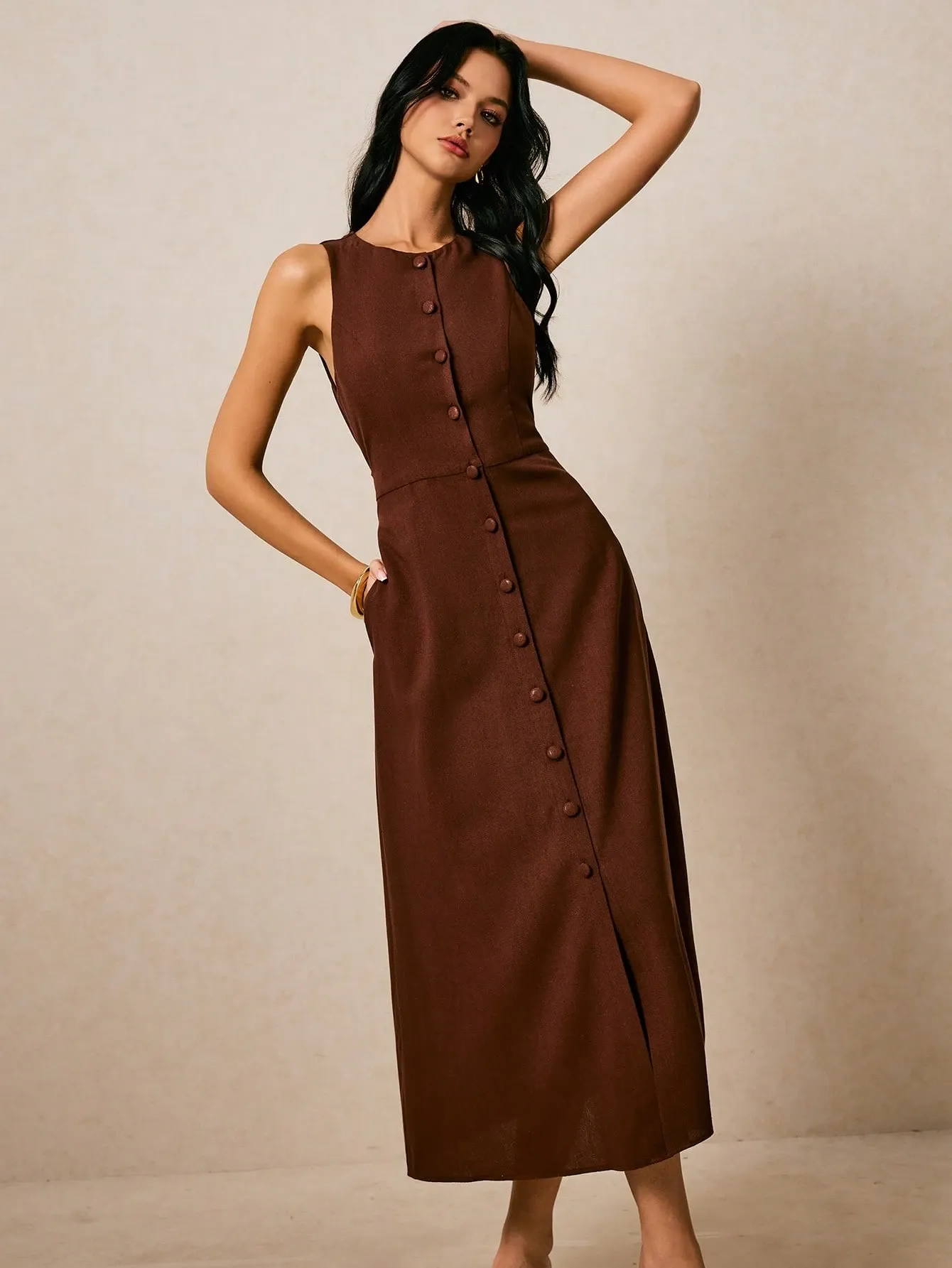 Robe d’Été Sans Manches Boutonnée – Élégante & Ultra Confortable