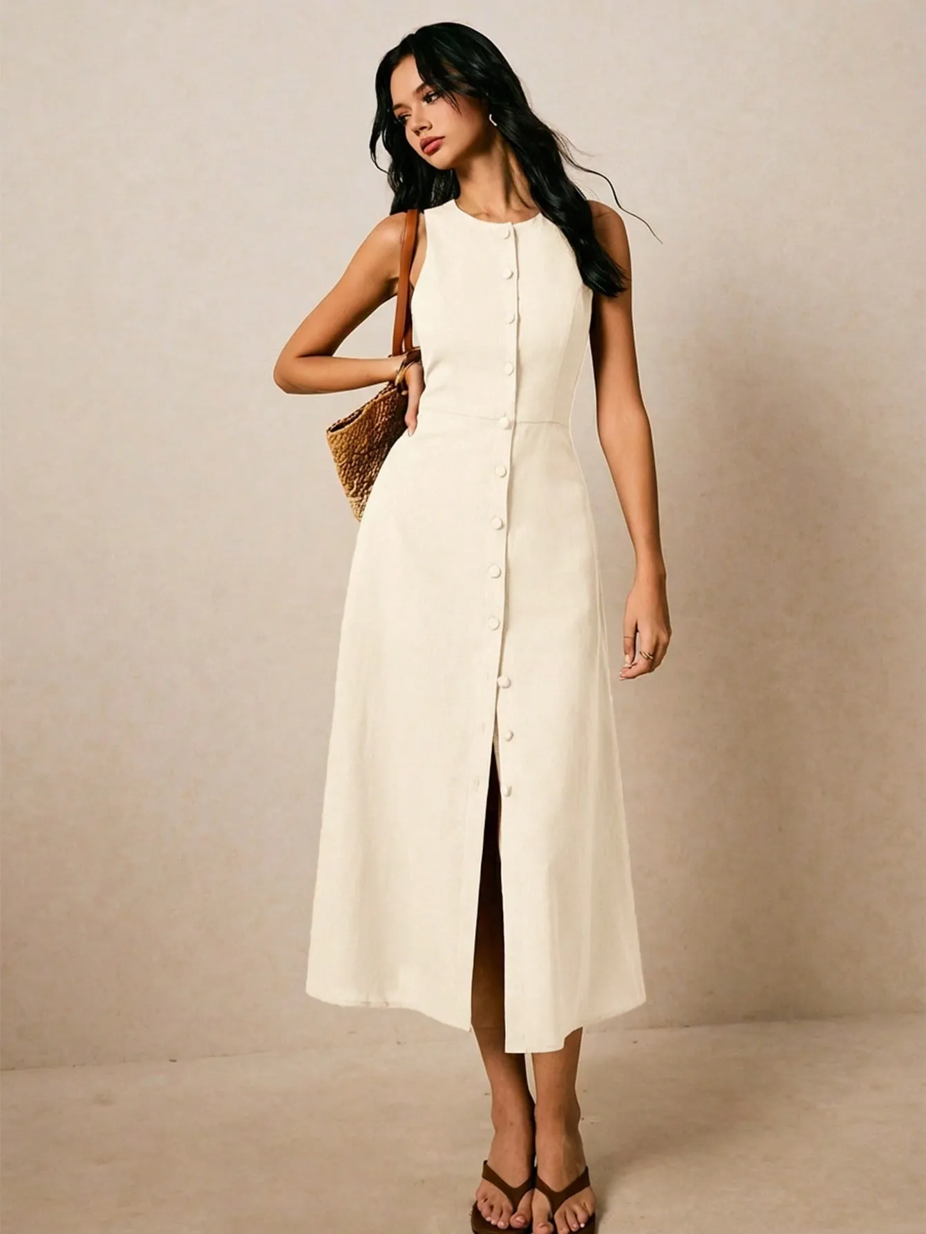 Robe d’Été Sans Manches Boutonnée – Élégante & Ultra Confortable