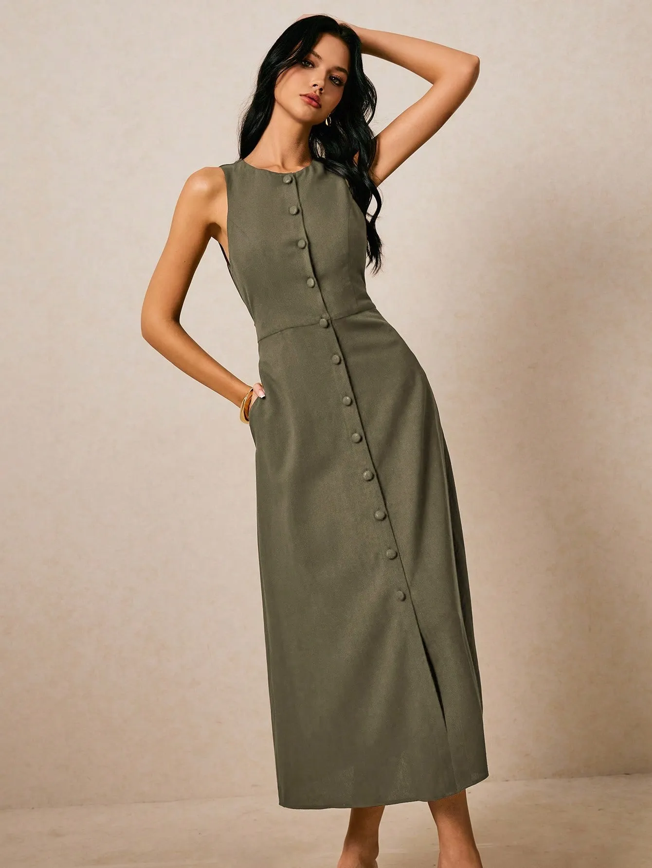 Robe d’Été Sans Manches Boutonnée – Élégante & Ultra Confortable