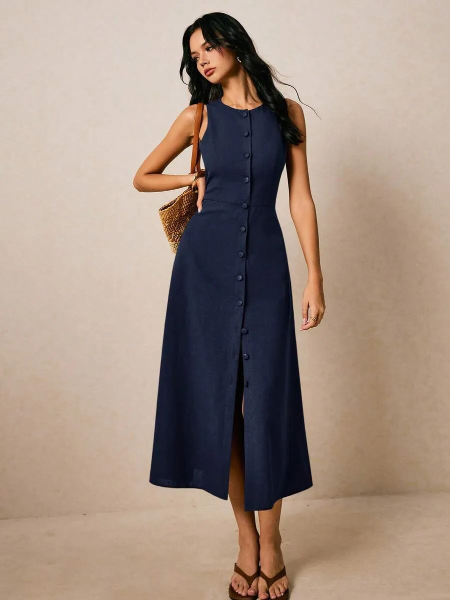 Robe d’Été Sans Manches Boutonnée – Élégante & Ultra Confortable
