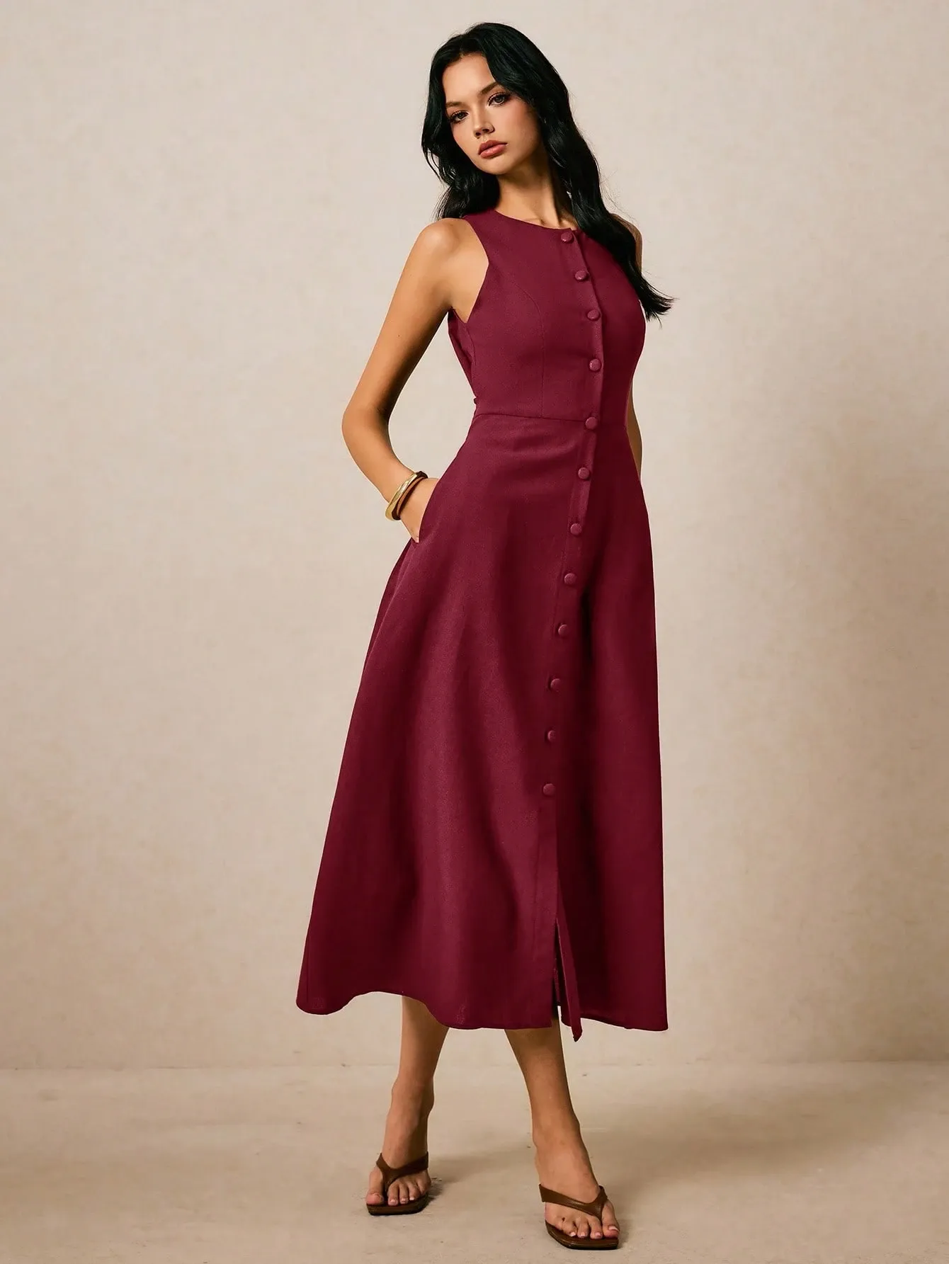 Robe d’Été Sans Manches Boutonnée – Élégante & Ultra Confortable