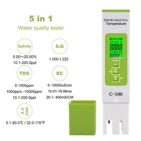 TESTEUR NUMÉRIQUE 5 EN 1 TDS/EC/SALINITÉ/S.G./TEMPÉRATURE DE L'EAU POUR LA MAISON, LA PISCINE, L'EAU POTABLE, L'AQUARIUM