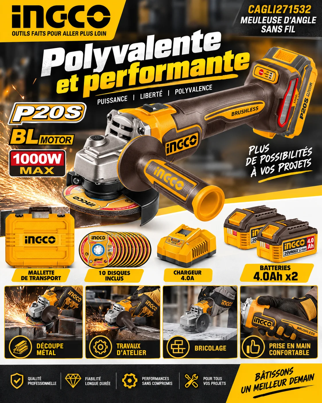 Pack Meuleuse sans fil INGCO 20V – 2 Batteries 4Ah + 10 Disques inclus