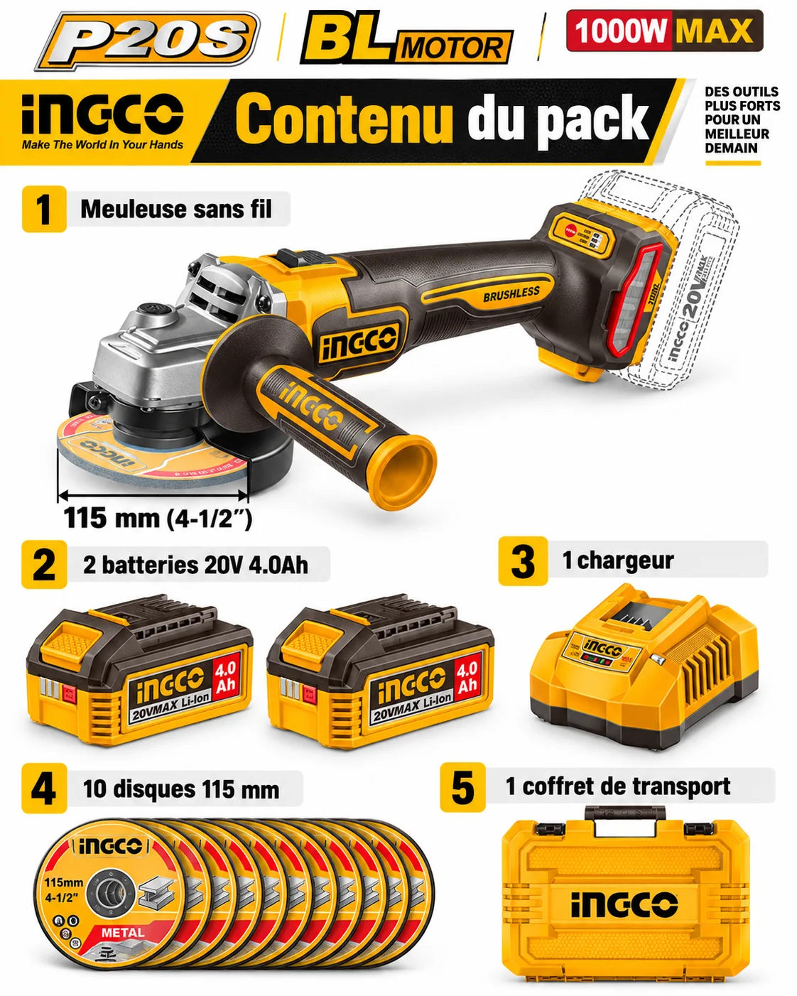Pack Meuleuse sans fil INGCO 20V – 2 Batteries 4Ah + 10 Disques inclus