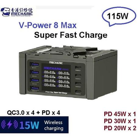 Station de Charge Ultra Rapide 115W à 8 Port Avec Chargeur sans fil Qi 15W - Affichage Numérique