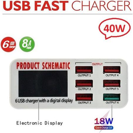 Station de Charge Rapide 40W à 6 Ports avec Affichage Numérique (Mini & Compact)