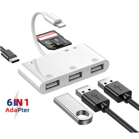 Adaptateur de Caméra Lightning 6en1 Avec 3 Ports USB OTG Femelle, Lecteur card SD/TF et Port de Charge