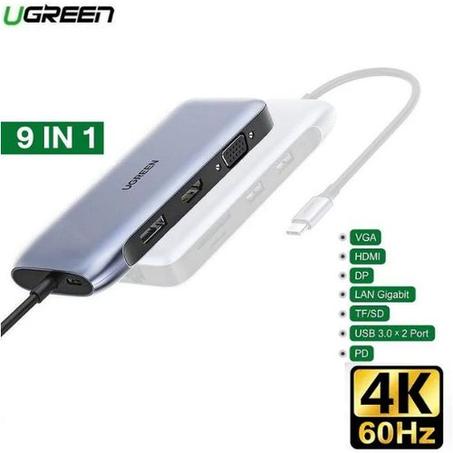 HUB USB-C 9-en-1 Vers 2*USB 3.0 + HDMI + Display Port + VGA + RJ45 + TF + SD + Type-C PD 100W