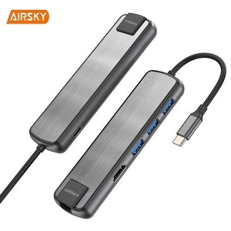 HUB Type-C 6en1 Avec HDMI + 3 * USB 3.0 + RJ45 + Port de charge USB-C PD 60W (Femelle)