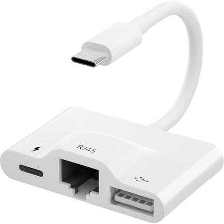 Adaptateur OTG Type-C 3 en 1 Vers Ethernet Rj45, Port USB et Port de charge Type-C femelle