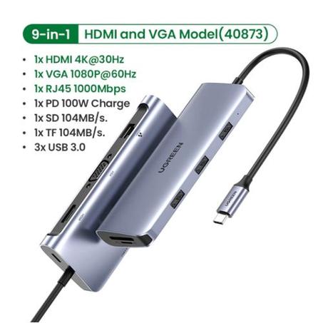 HUB USB-C 9-en-1 Vers 3*USB 3.0 + HDMI + VGA + RJ45 + TF + SD + Type-C PD 100W