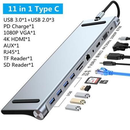 Hub USB-C 11en1 Vers HDMI 4K, Rj45, VGA, 4 * USB, SD, TF, Audio, USB-C PD 87W